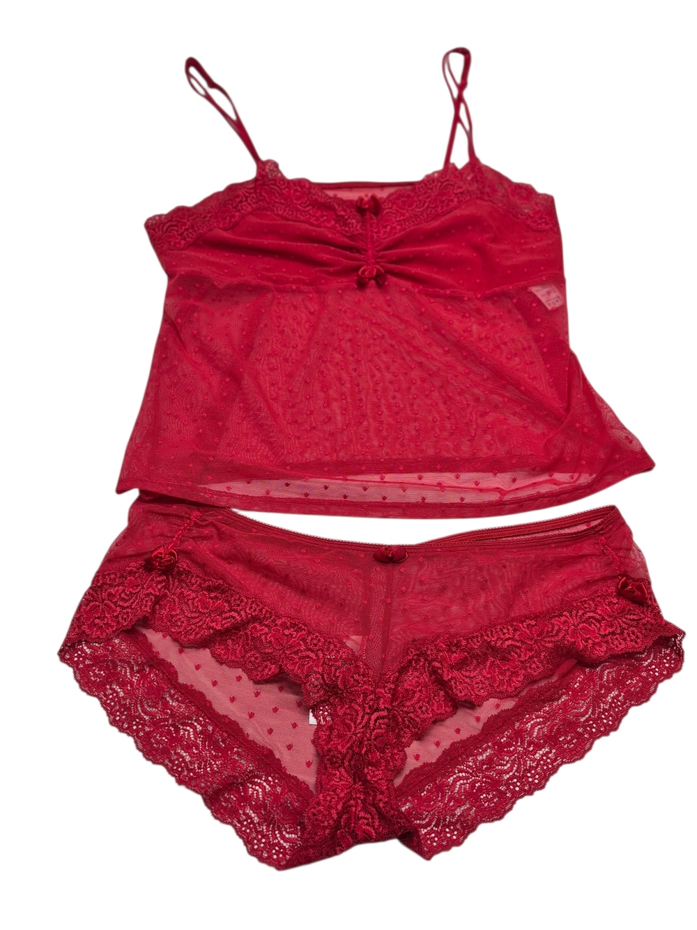 Vassarette  Cami Short Sleep Set Sz 8 Women's Intimates Red Lace Sheer Polka Dot